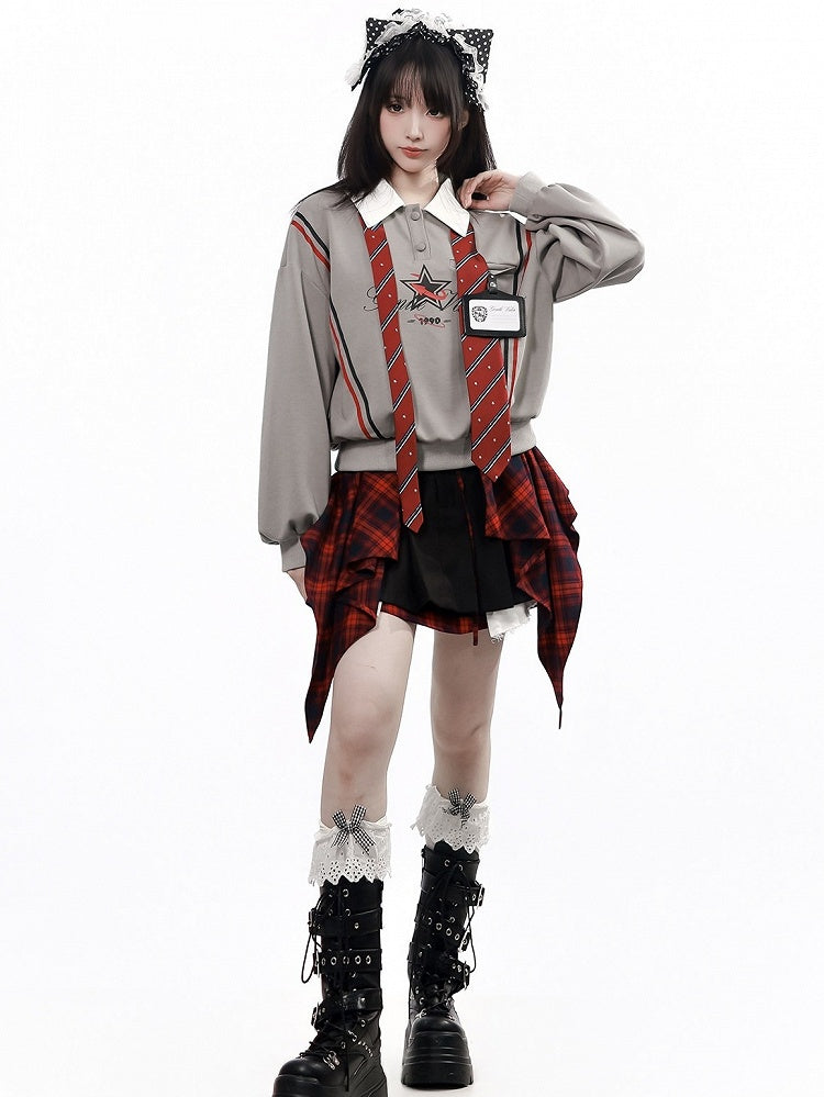Preppy Gray Star & Letter Print Collared Sweatshirt with Matching Tie - PINK SAVIOR