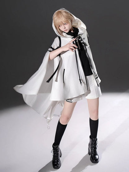 Cape Ouji and Cyberpunk High-low with White Lolita Hem Futuristic Buckle Straps Hooded