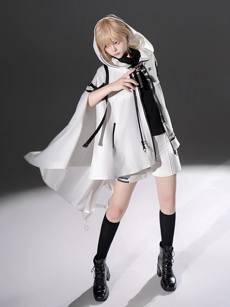 Straps Hem Ouji with High-low Hooded Cyberpunk and Lolita Buckle Cape White Futuristic