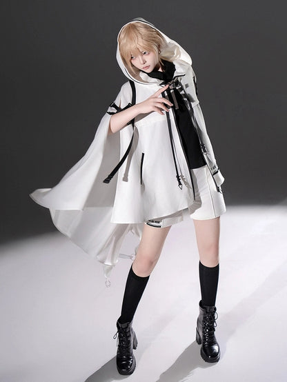 Straps Hem Ouji with High-low Hooded Cyberpunk and Lolita Buckle Cape White Futuristic