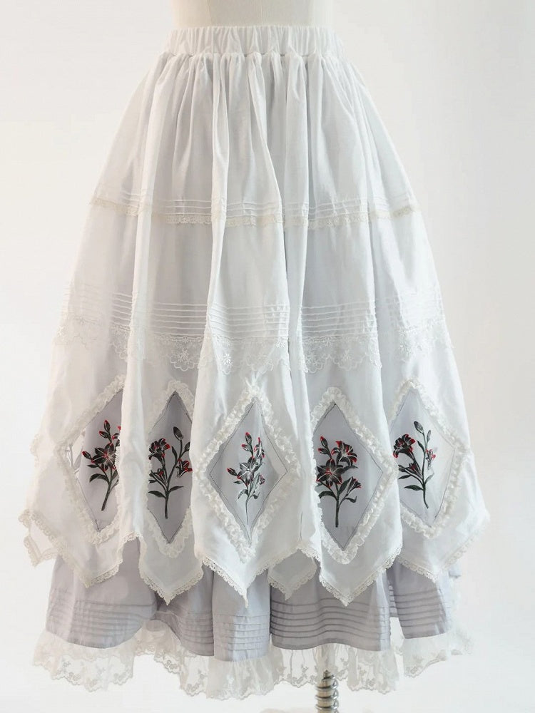 and Waist Elastic White Gray Embroidered Skirt Lily Lolita
