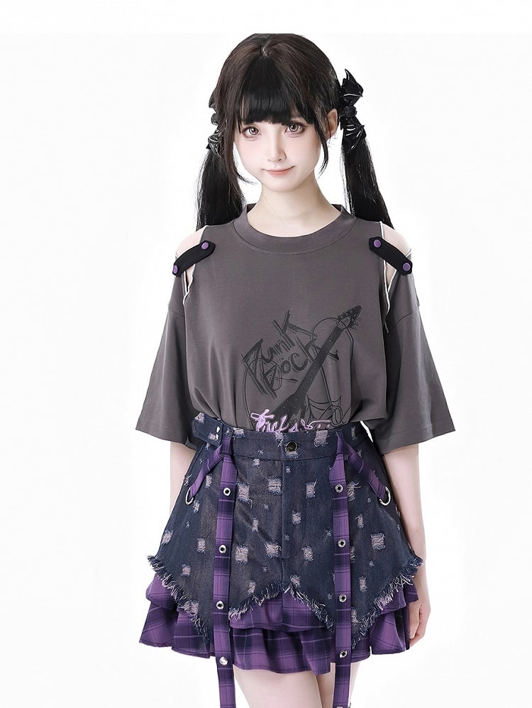 Dusty Gray Cutout Shoulder Slit Hem Punk Rock Graphic T-Shirt