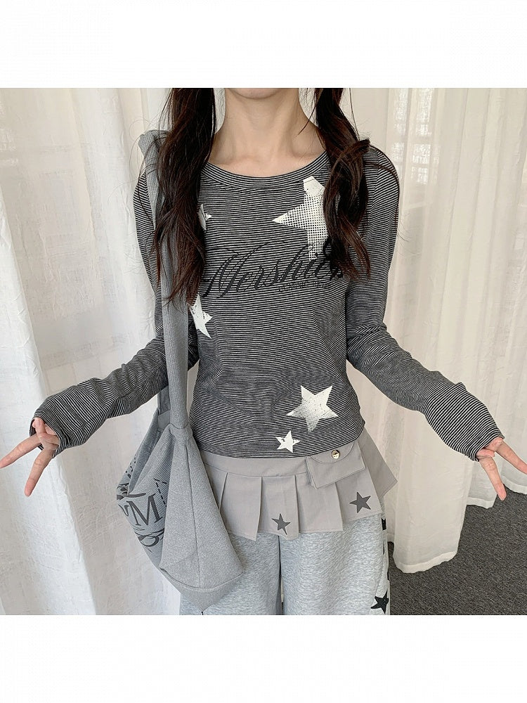 Y2K Dark Gray Striped Round Neck Long Sleeve Top with Star and Letter Print - Solkatt