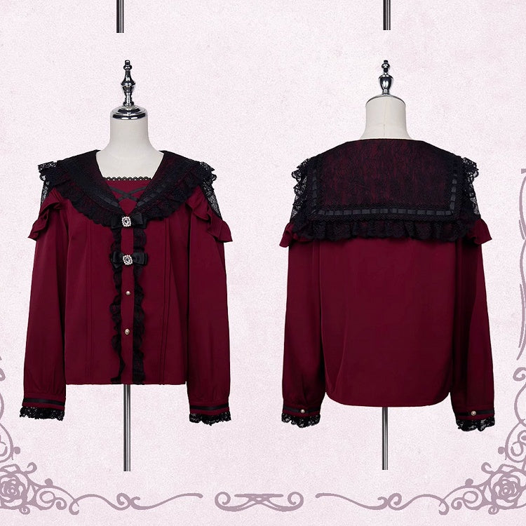 Rhinestones Bowknots Blouse Red Jirai Kei Sailor Collar Ruffled Lace Trim Wine