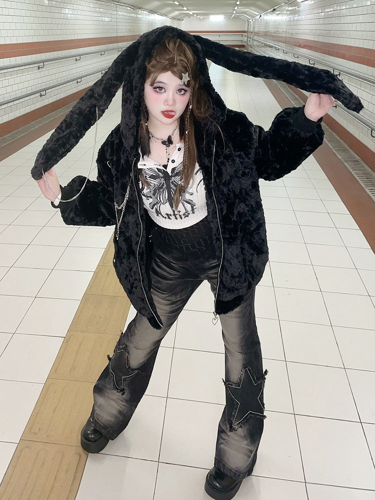 Ears Size Plus Black Hooded Coat Y2K Bunny