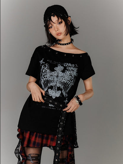 Y2K Black Cross Print Glamorous Belt with Waist T-Shirt