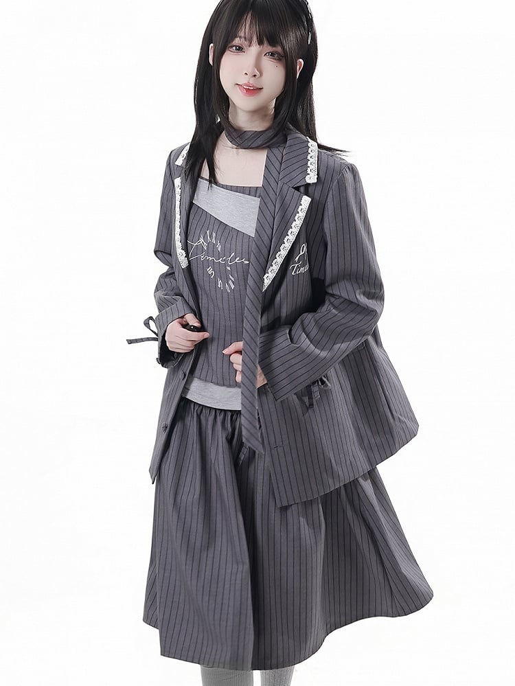 Gray Blazer Aesthetic with Striped - Preppy Bowknot Embroidery Timeless Fit Oversized