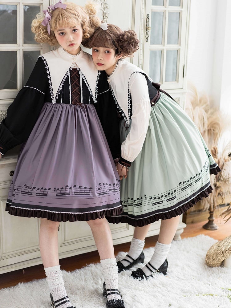 Musical Note Purple Autumn Lolita Long Sleeves Dress with Separate Pointed Collar