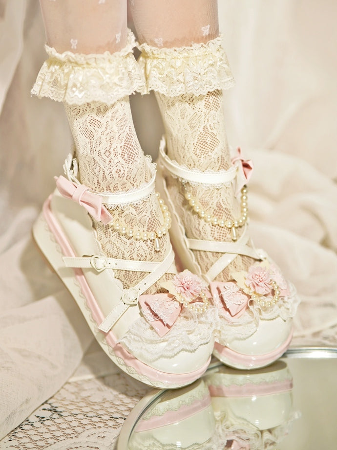 With Bow Beaded at Top Floral Design White Platforms Detachable Trim Lace Heart Chain Buckle