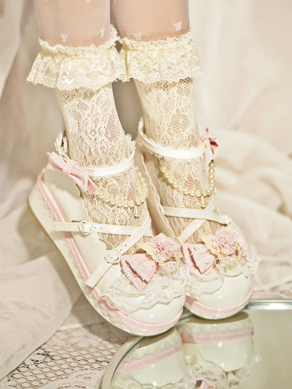 With Bow Beaded at Top Floral Design White Platforms Detachable Trim Lace Heart Chain Buckle