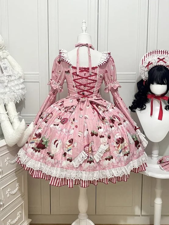 Lolita Bell Short Print Dress Strawberry with Pink Detachable Sweet Sleeves Cake