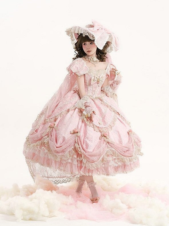 Version Details Ruffles Hanayome Pink Short with and Layered Hime Gown Bow Lace Lolita Off-Shoulder