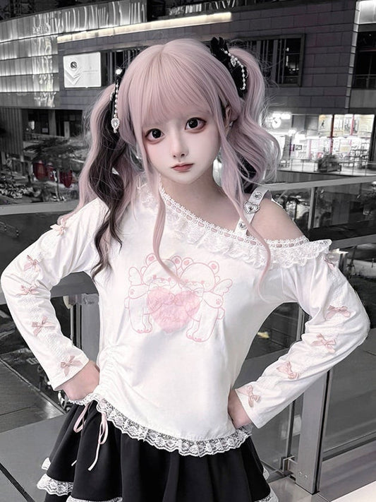 Jirai Bow Cutout Design Accent White Bear Top Shoulder Print Kei