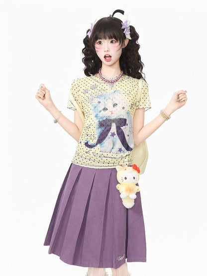 Yellow Purple Mesh Tee with Polka Dot Kitty Pattern - Languid Park