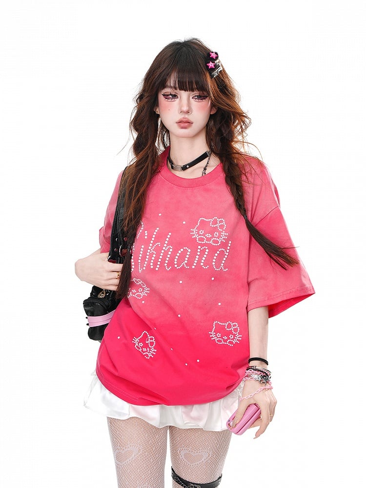 ブルー/ローズレッド ラウンドネック キティ ラインストーン ルーズTシャツ