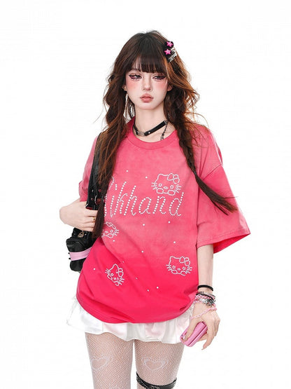 ブルー/ローズレッド ラウンドネック キティ ラインストーン ルーズTシャツ