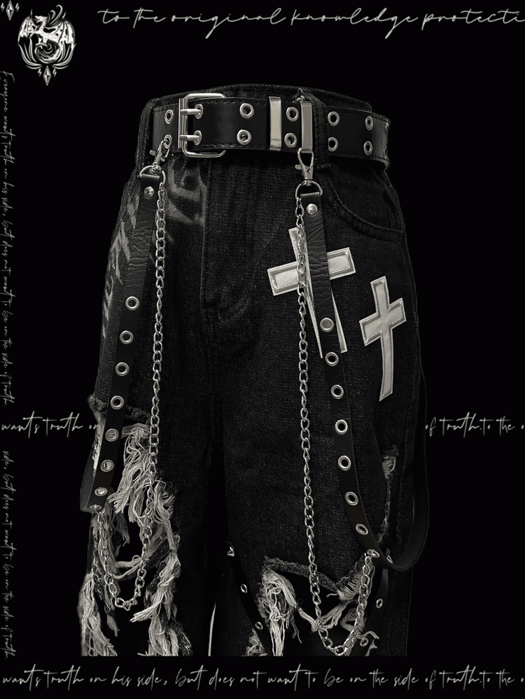 Y2K Black Cross Appliques Jeans Glamorous Criss-cross Straps Distressed Holes