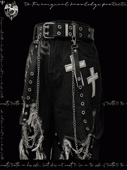 Y2K Black Cross Appliques Jeans Glamorous Criss-cross Straps Distressed Holes