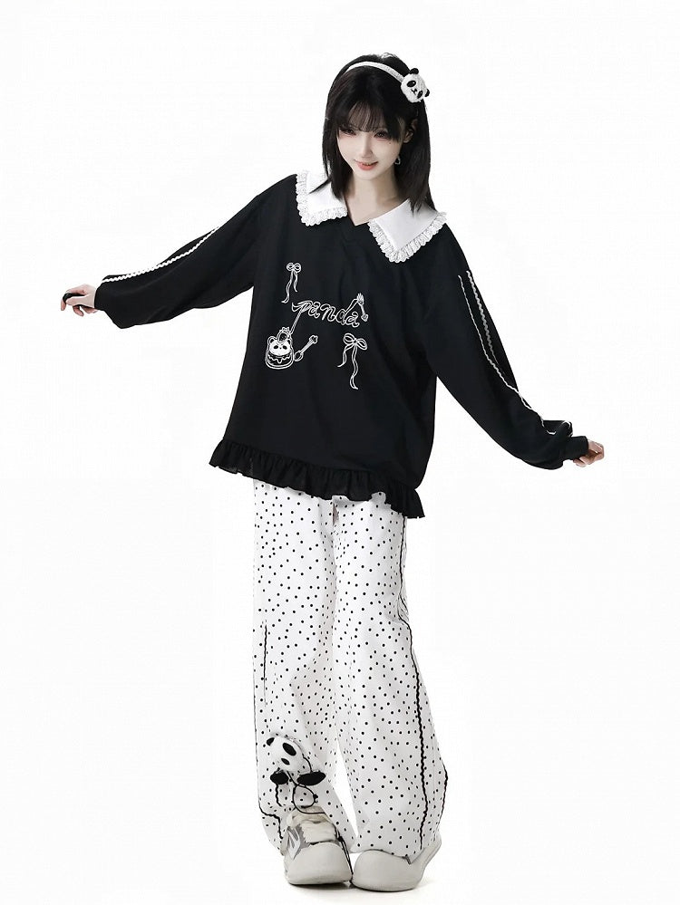 Short/Long Top Sleeves Panda Dessert Print Ruffled Pointed Flat Collar Ruffled Hem Black