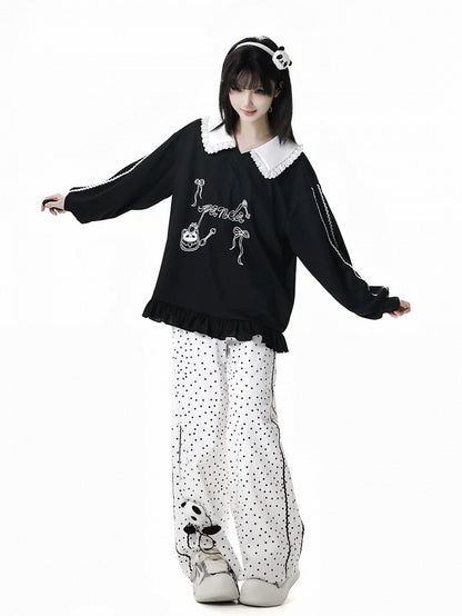 Short/Long Top Sleeves Panda Dessert Print Ruffled Pointed Flat Collar Ruffled Hem Black