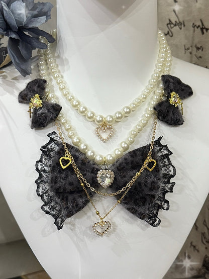 Strass Farbe Anhänger Optionen Herz 4 Perlen Muster Und Bowknot Leopard Halskette