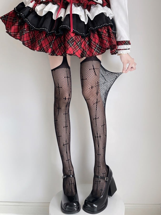 Cross Fishnet Black Tights Gothic Pattern Suspender