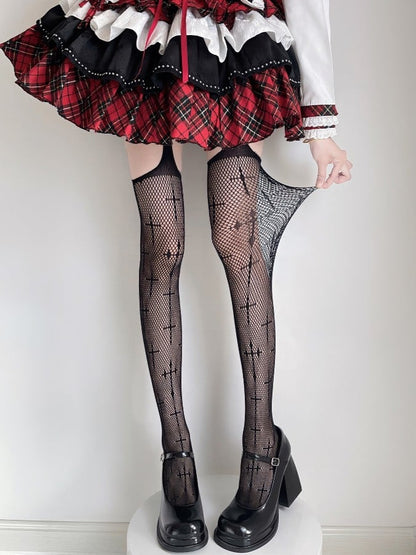 Cross Fishnet Black Tights Gothic Pattern Suspender