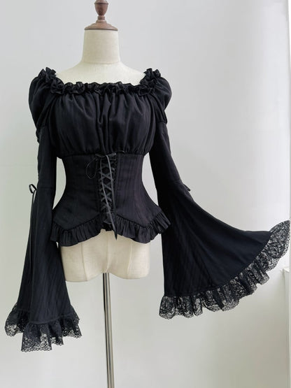 Trimmed Blouse Ruffle Black Sleeves Elastic Long Bell Neckline