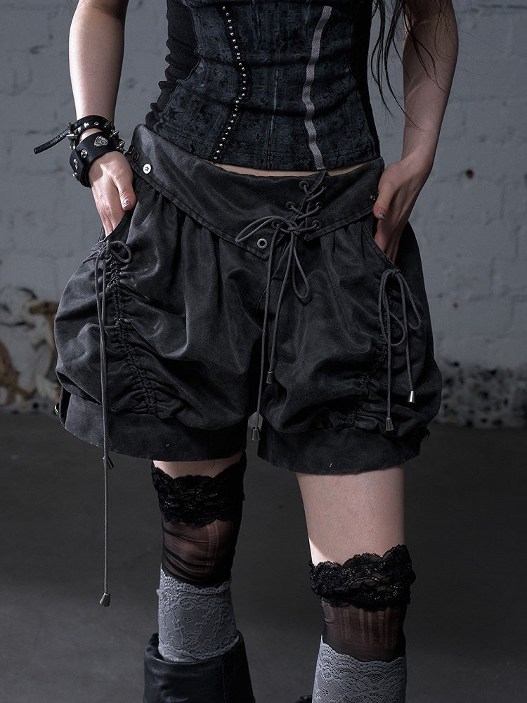 Dark Foldover Waist Faded Wash Vintage Schnürung Grau