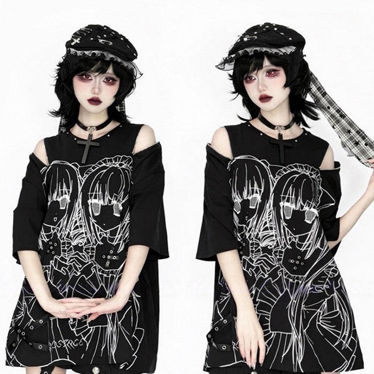 Shoulder Cutout Dark Jirai Top Short-Sleeve Printed Girl Kei