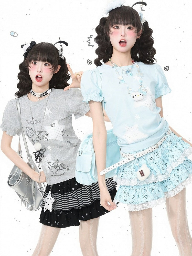 Blue Puff Sleeve Crew Neck Top with Rocking Horse Print - Languid Park