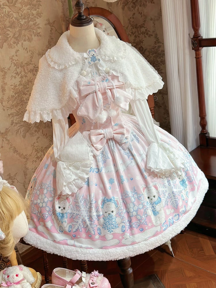 Sweet Winter Lolita Snowy Teddy Print Light Pink Dress JSK Full Set