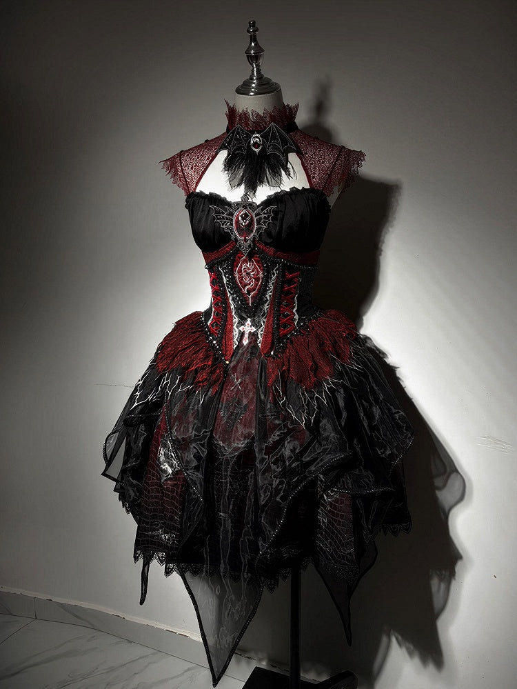 Black & Red Bone Dragon Embroidery Halter Neck Gothic Lolita Dress Set - Ying Luo Fu
