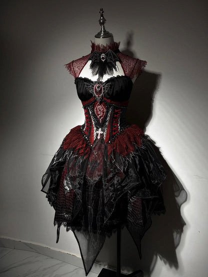 Black & Red Bone Dragon Embroidery Halter Neck Gothic Lolita Dress Set - Ying Luo Fu