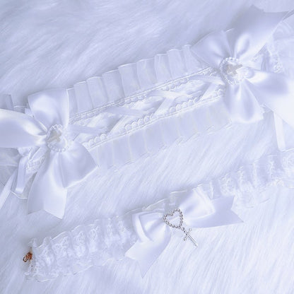 ピンク/ブルー/ホワイト ジライケイ クロス装飾レーストリム ちょう結びヘアバンド/ネックレス/リストカフ