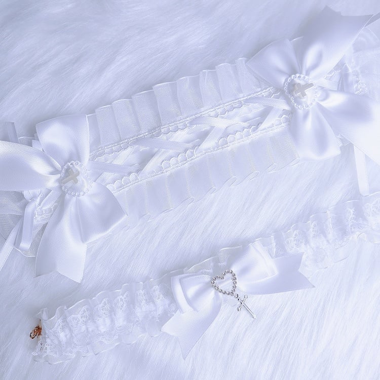 Rosa/Blau/Weißes Jirai Kei-Kreuz verziertes Haarband/Halskette/Armband mit Spitzenbesatz und Schleife
