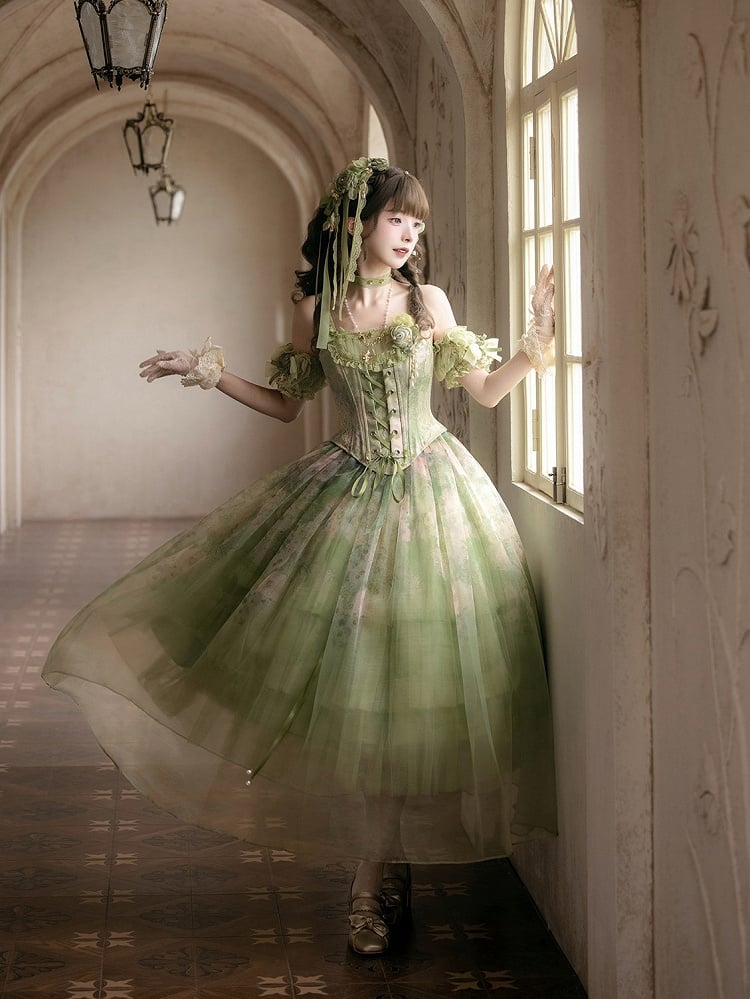 Green Oil Painting Lace-Up Corset Top - Nine Odes