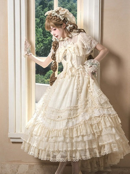Beige OP Dress with Floral Embroidery, Pearls, and Short Train - Mademoiselle Pearl