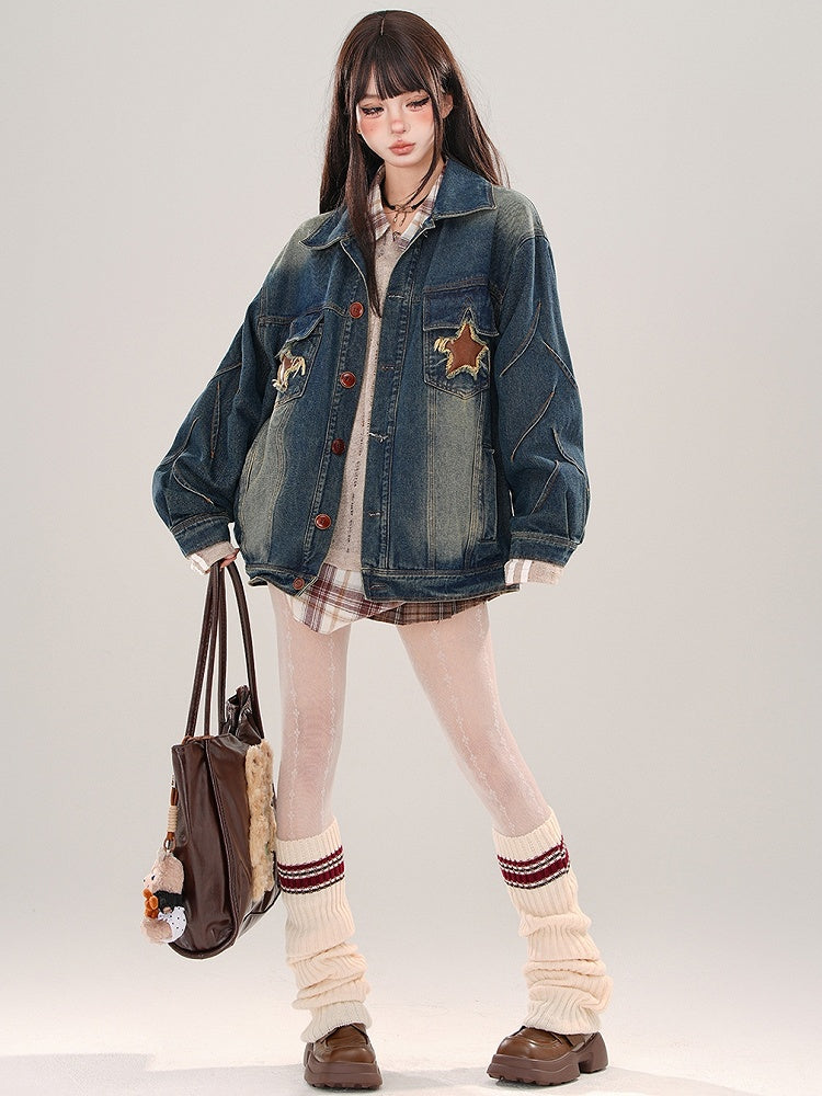 Denim Blue Star Patches Faded Wash Jacket