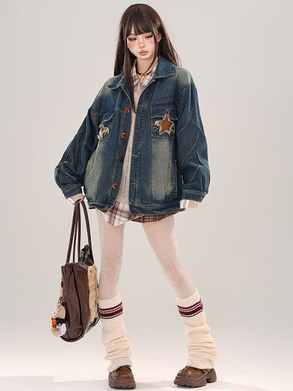 Denim Blue Star Patches Faded Wash Jacket