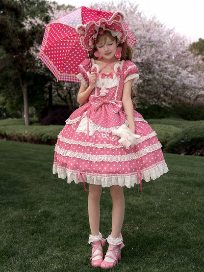 Ohren Quadrat Muster Kleid Bunny Polka Dots Lolita Ausschnitt Rosa Plüsch Süß Dunkel