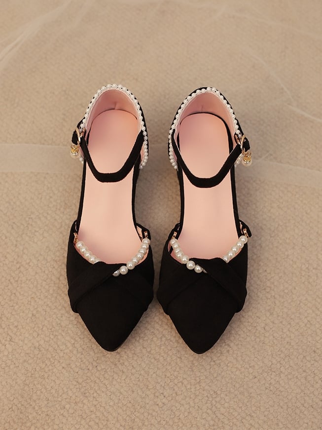 Decor Chain Shoes Intricate Qi Pointed with Toe Black - Heel Mid Beaded Sandals Lolita Detachable Back Suede