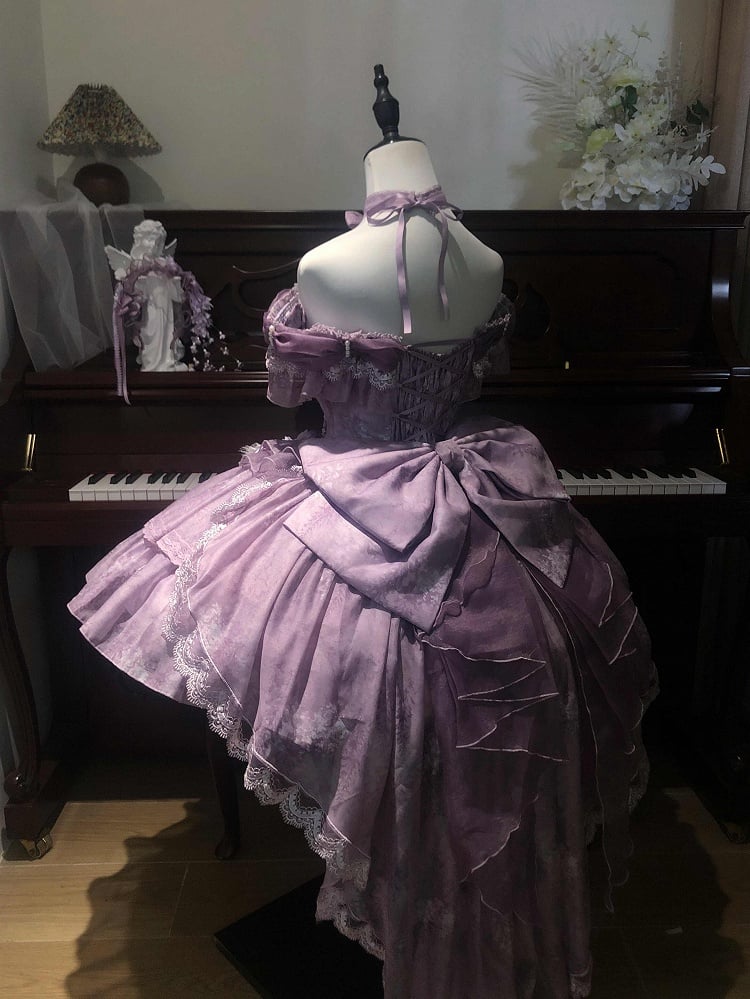 Fairy Lolita Taillenschleppe Balletcore Kleid Großes Korsett Glyzinien Tüllschleife mit Print Lila