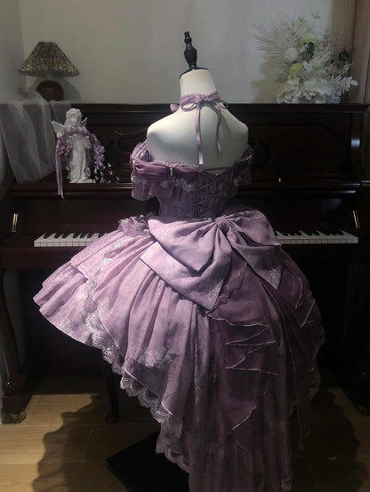 Fairy Lolita Taillenschleppe Balletcore Kleid Großes Korsett Glyzinien Tüllschleife mit Print Lila