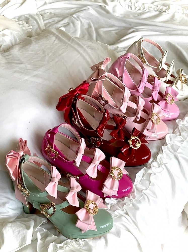 with Heart-shaped Snap Heel Lolita Heeled Hime Bow Shoes Fastening Pink 7cm Detachable Dark Rhinestone