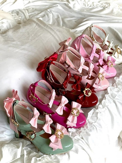 Heels with Rhinestone Removable Polished Bow Lolita 7cm Pointed Pink Toe Hime Light