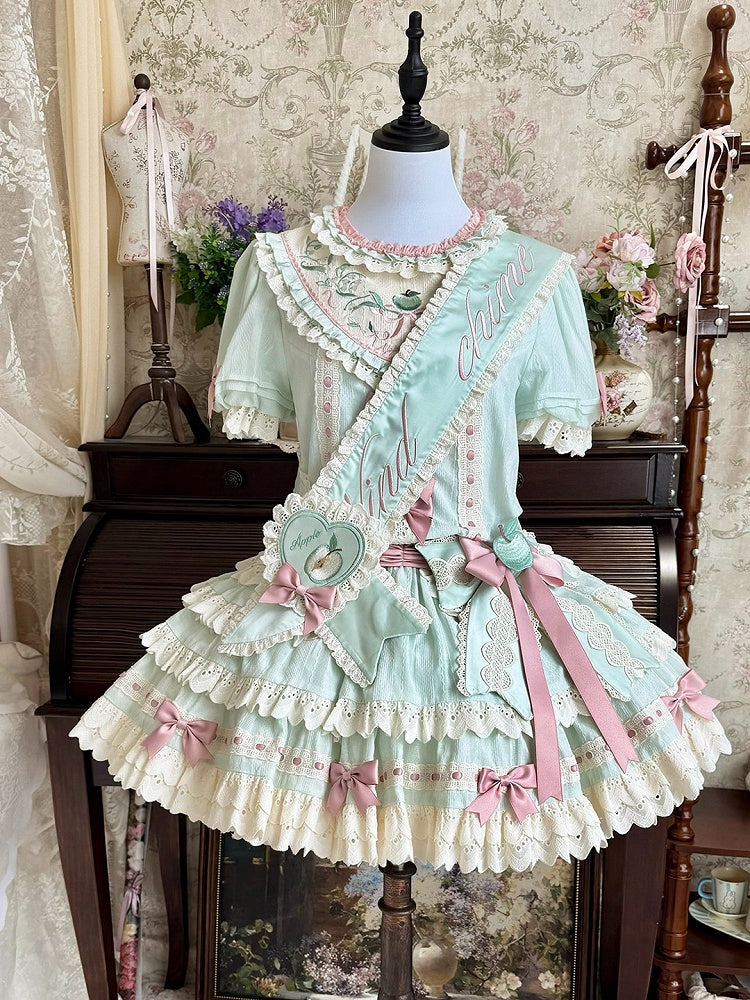 Mint Green Round Neck Short Sleeve Layered Ruffle Lolita OP with Apple Embroidery - Yinying Lolita