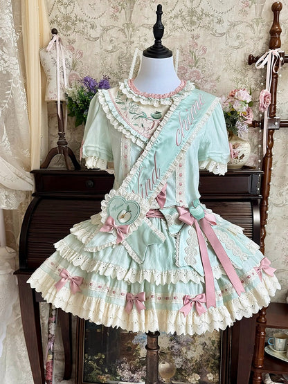 Mint Green Round Neck Short Sleeve Layered Ruffle Lolita OP with Apple Embroidery - Yinying Lolita