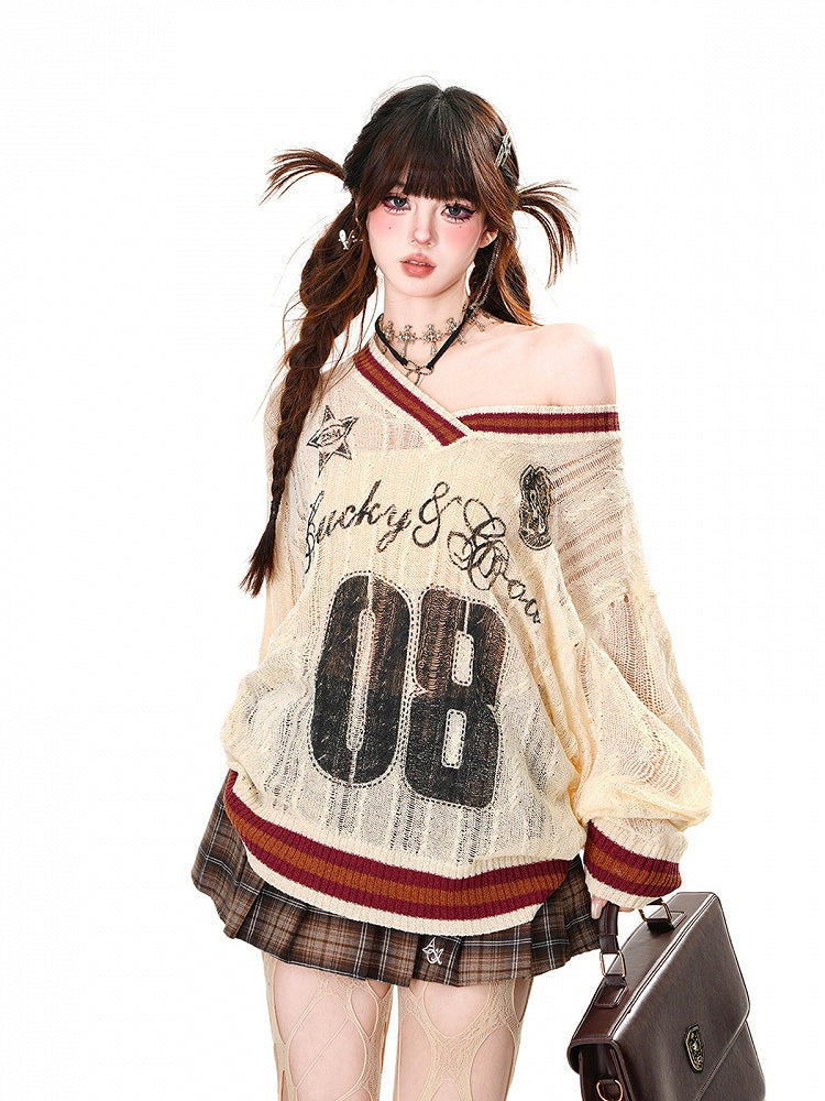 Hollow-Out Top Sonnenschutz Apricot V-Ausschnitt Asymmetrischer Ausschnitt Preppy Style