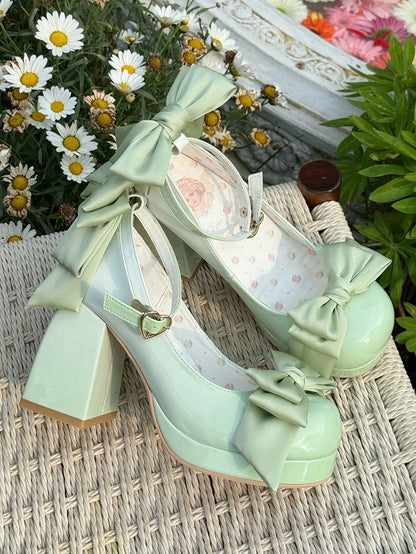 Green Sweet Toe Bowknot Lolita Platform Janes Round Mary Shoes Details